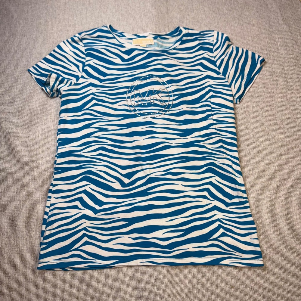 Michael Kors Women Blue White Zebra Print Rhinestone MK Logo T-Shirt Large Y2K